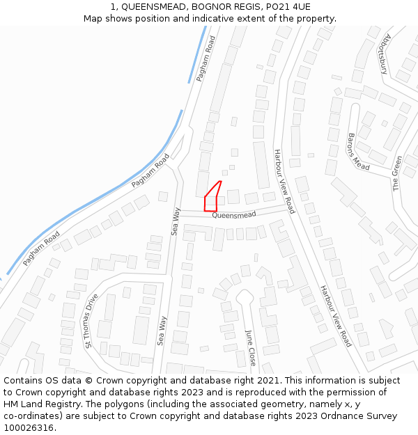 1, QUEENSMEAD, BOGNOR REGIS, PO21 4UE: Location map and indicative extent of plot