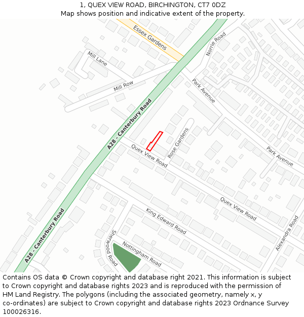 1, QUEX VIEW ROAD, BIRCHINGTON, CT7 0DZ: Location map and indicative extent of plot