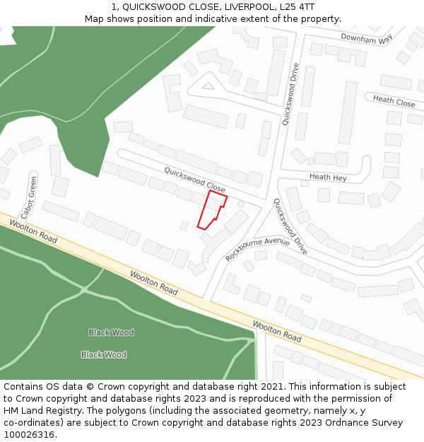 1, QUICKSWOOD CLOSE, LIVERPOOL, L25 4TT: Location map and indicative extent of plot