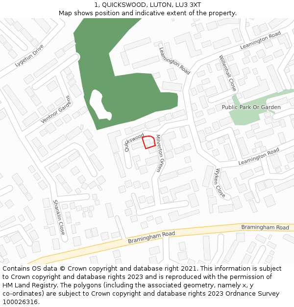 1, QUICKSWOOD, LUTON, LU3 3XT: Location map and indicative extent of plot