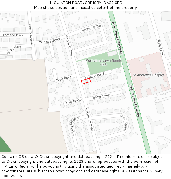 1, QUINTON ROAD, GRIMSBY, DN32 0BD: Location map and indicative extent of plot