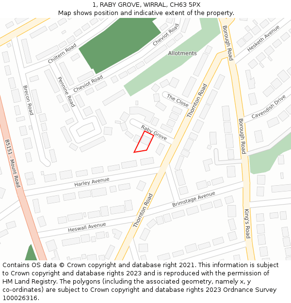 1, RABY GROVE, WIRRAL, CH63 5PX: Location map and indicative extent of plot