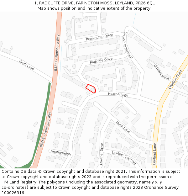 1, RADCLIFFE DRIVE, FARINGTON MOSS, LEYLAND, PR26 6QL: Location map and indicative extent of plot