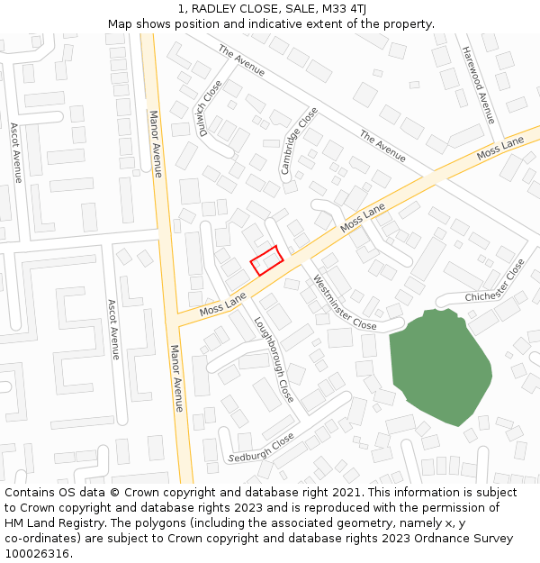 1, RADLEY CLOSE, SALE, M33 4TJ: Location map and indicative extent of plot