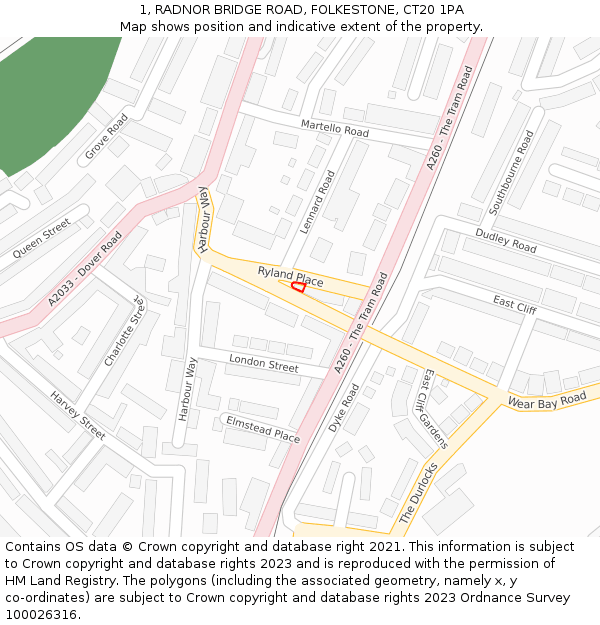 1, RADNOR BRIDGE ROAD, FOLKESTONE, CT20 1PA: Location map and indicative extent of plot