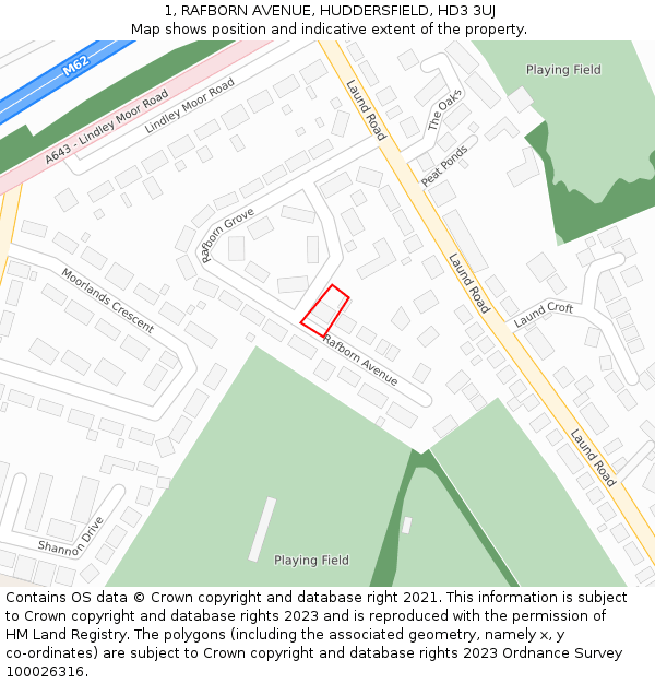 1, RAFBORN AVENUE, HUDDERSFIELD, HD3 3UJ: Location map and indicative extent of plot