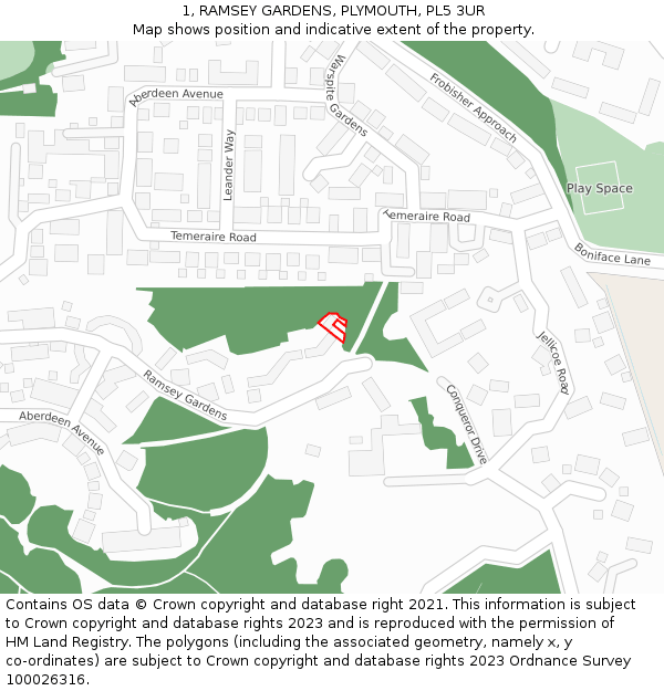 1, RAMSEY GARDENS, PLYMOUTH, PL5 3UR: Location map and indicative extent of plot