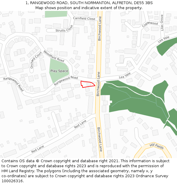 1, RANGEWOOD ROAD, SOUTH NORMANTON, ALFRETON, DE55 3BS: Location map and indicative extent of plot