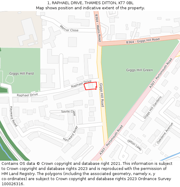1, RAPHAEL DRIVE, THAMES DITTON, KT7 0BL: Location map and indicative extent of plot