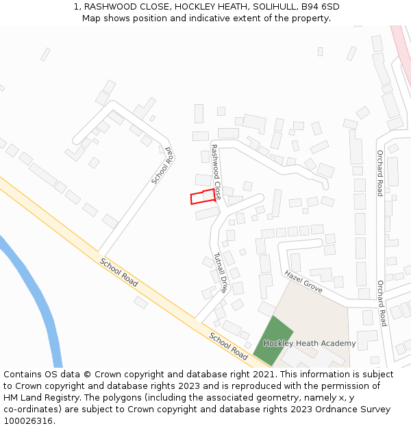 1, RASHWOOD CLOSE, HOCKLEY HEATH, SOLIHULL, B94 6SD: Location map and indicative extent of plot