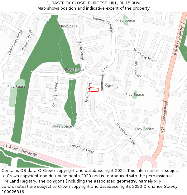 1, RASTRICK CLOSE, BURGESS HILL, RH15 9UW: Location map and indicative extent of plot