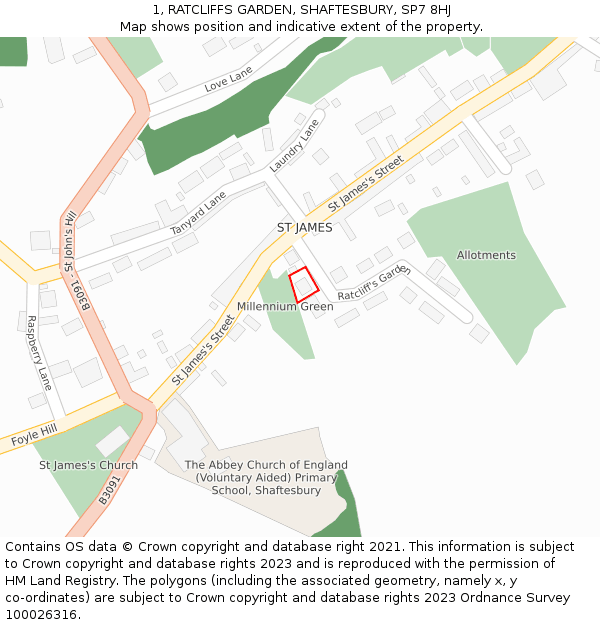 1, RATCLIFFS GARDEN, SHAFTESBURY, SP7 8HJ: Location map and indicative extent of plot