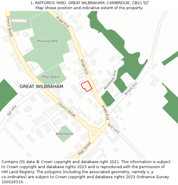 1, RATFORDS YARD, GREAT WILBRAHAM, CAMBRIDGE, CB21 5JT: Location map and indicative extent of plot