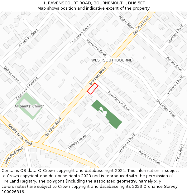 1, RAVENSCOURT ROAD, BOURNEMOUTH, BH6 5EF: Location map and indicative extent of plot