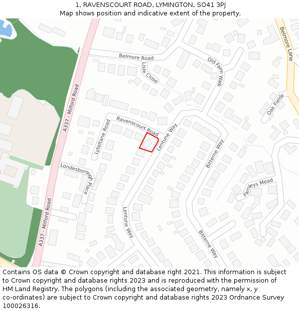 1, RAVENSCOURT ROAD, LYMINGTON, SO41 3PJ: Location map and indicative extent of plot
