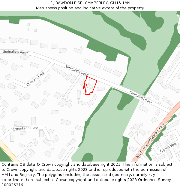 1, RAWDON RISE, CAMBERLEY, GU15 1AN: Location map and indicative extent of plot