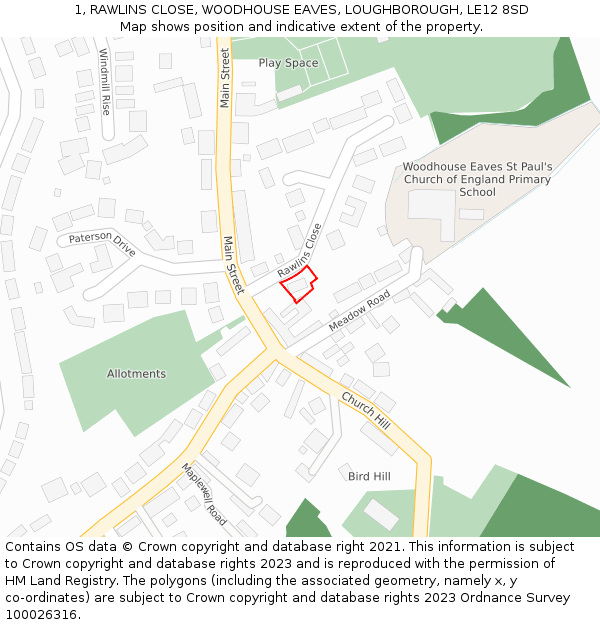 1, RAWLINS CLOSE, WOODHOUSE EAVES, LOUGHBOROUGH, LE12 8SD: Location map and indicative extent of plot