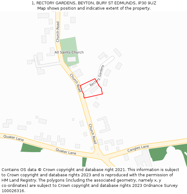 1, RECTORY GARDENS, BEYTON, BURY ST EDMUNDS, IP30 9UZ: Location map and indicative extent of plot