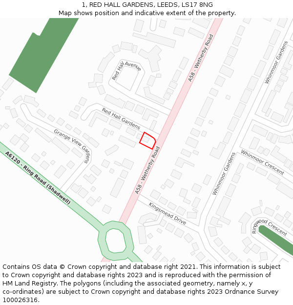 1, RED HALL GARDENS, LEEDS, LS17 8NG: Location map and indicative extent of plot
