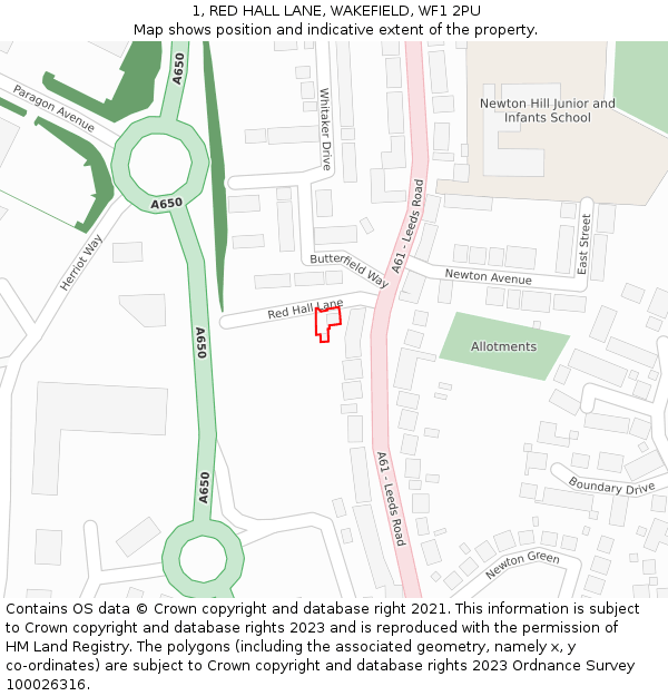 1, RED HALL LANE, WAKEFIELD, WF1 2PU: Location map and indicative extent of plot