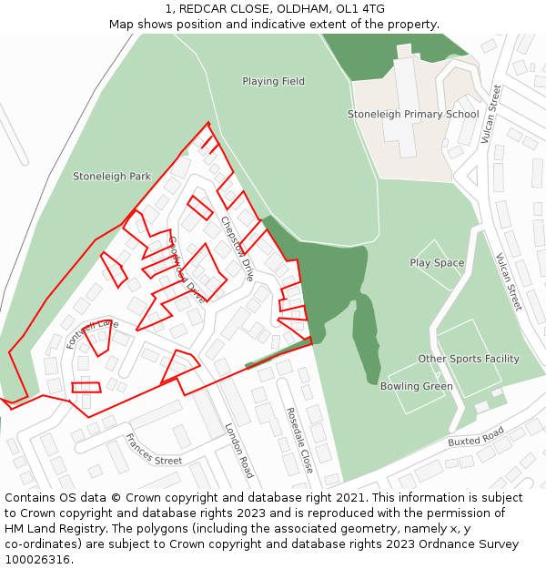 1, REDCAR CLOSE, OLDHAM, OL1 4TG: Location map and indicative extent of plot