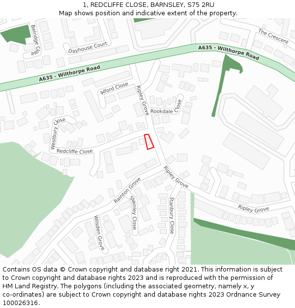 1, REDCLIFFE CLOSE, BARNSLEY, S75 2RU: Location map and indicative extent of plot