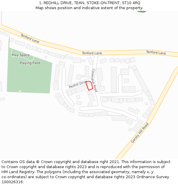 1, REDHILL DRIVE, TEAN, STOKE-ON-TRENT, ST10 4RQ: Location map and indicative extent of plot