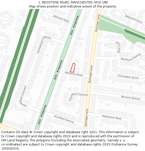 1, REDSTONE ROAD, MANCHESTER, M19 1RB: Location map and indicative extent of plot