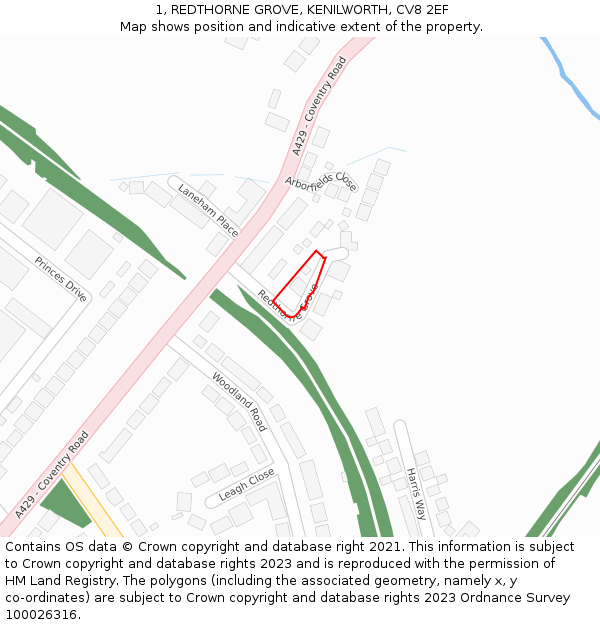 1, REDTHORNE GROVE, KENILWORTH, CV8 2EF: Location map and indicative extent of plot