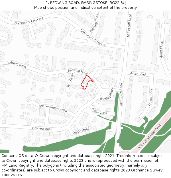 1, REDWING ROAD, BASINGSTOKE, RG22 5UJ: Location map and indicative extent of plot