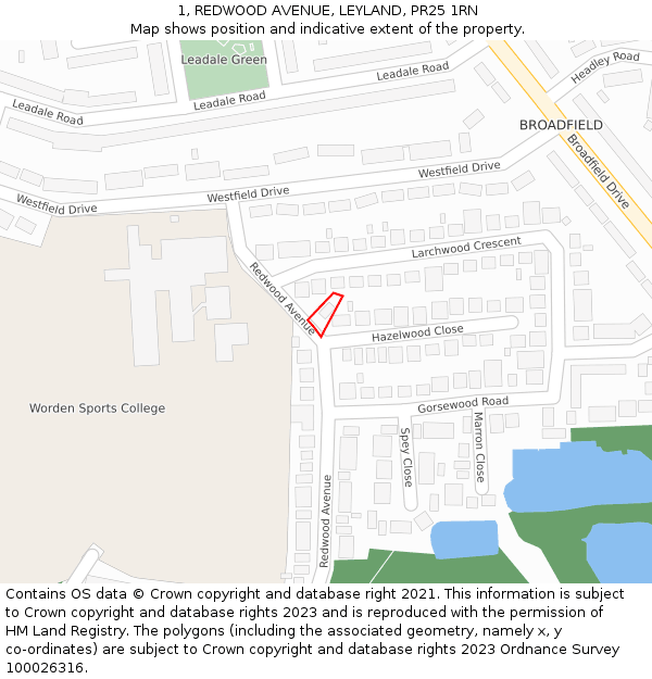 1, REDWOOD AVENUE, LEYLAND, PR25 1RN: Location map and indicative extent of plot