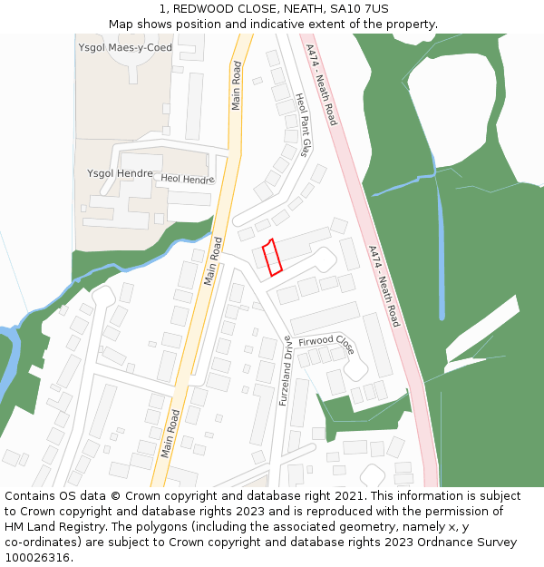 1, REDWOOD CLOSE, NEATH, SA10 7US: Location map and indicative extent of plot