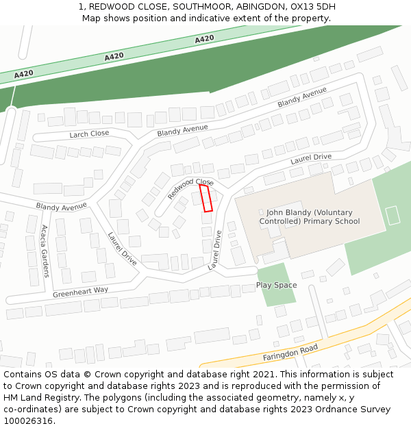 1, REDWOOD CLOSE, SOUTHMOOR, ABINGDON, OX13 5DH: Location map and indicative extent of plot