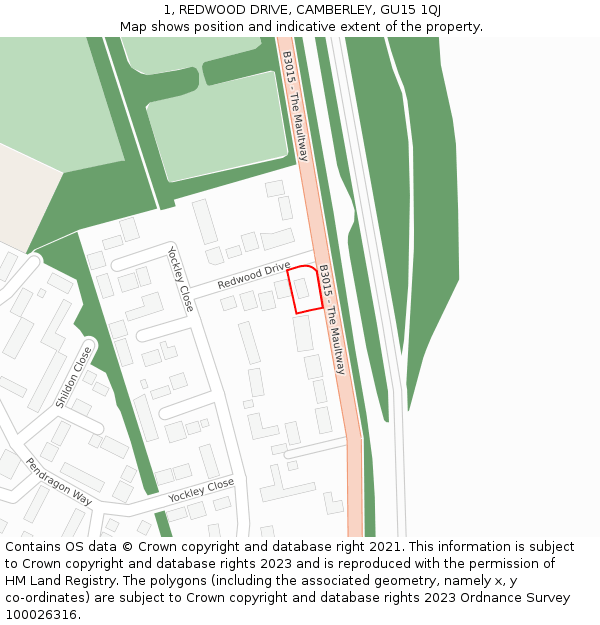 1, REDWOOD DRIVE, CAMBERLEY, GU15 1QJ: Location map and indicative extent of plot