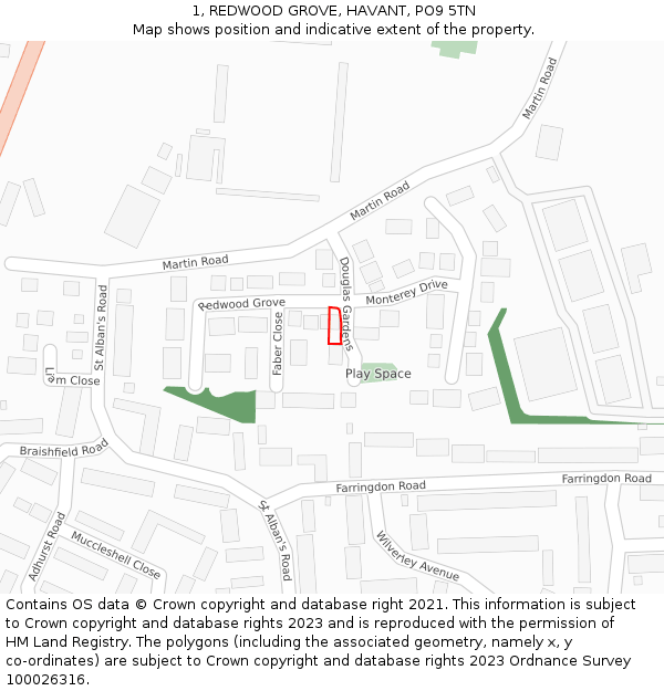 1, REDWOOD GROVE, HAVANT, PO9 5TN: Location map and indicative extent of plot