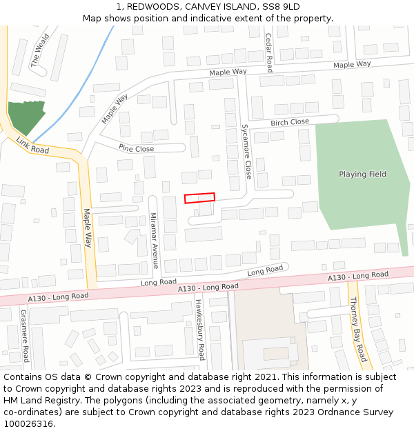 1, REDWOODS, CANVEY ISLAND, SS8 9LD: Location map and indicative extent of plot