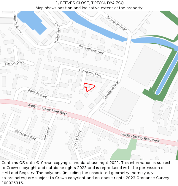 1, REEVES CLOSE, TIPTON, DY4 7SQ: Location map and indicative extent of plot