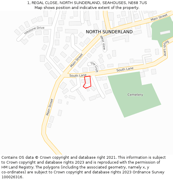 1, REGAL CLOSE, NORTH SUNDERLAND, SEAHOUSES, NE68 7US: Location map and indicative extent of plot
