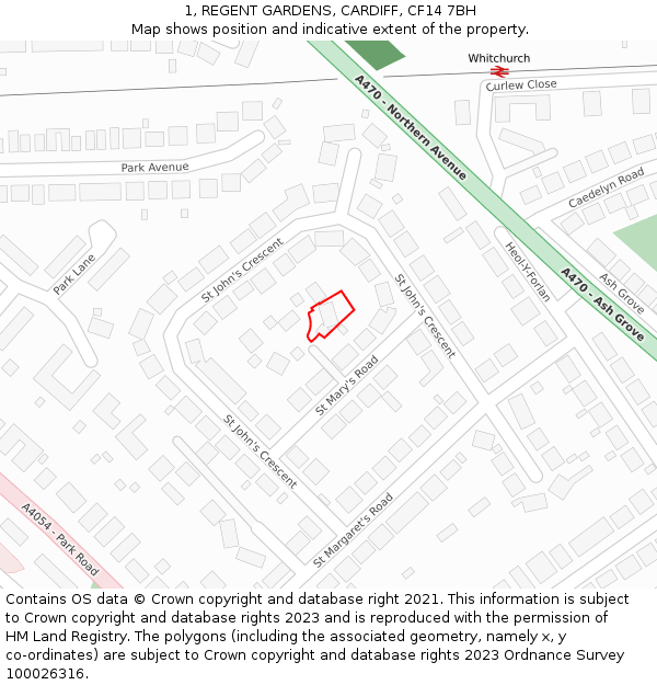 1, REGENT GARDENS, CARDIFF, CF14 7BH: Location map and indicative extent of plot