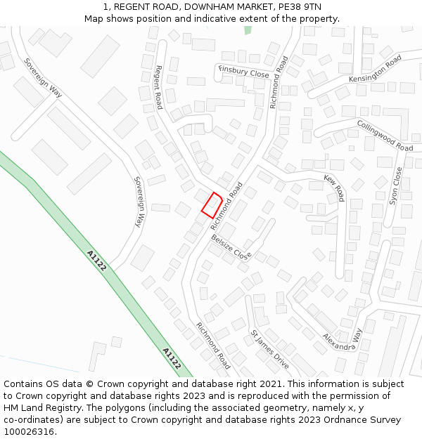 1, REGENT ROAD, DOWNHAM MARKET, PE38 9TN: Location map and indicative extent of plot