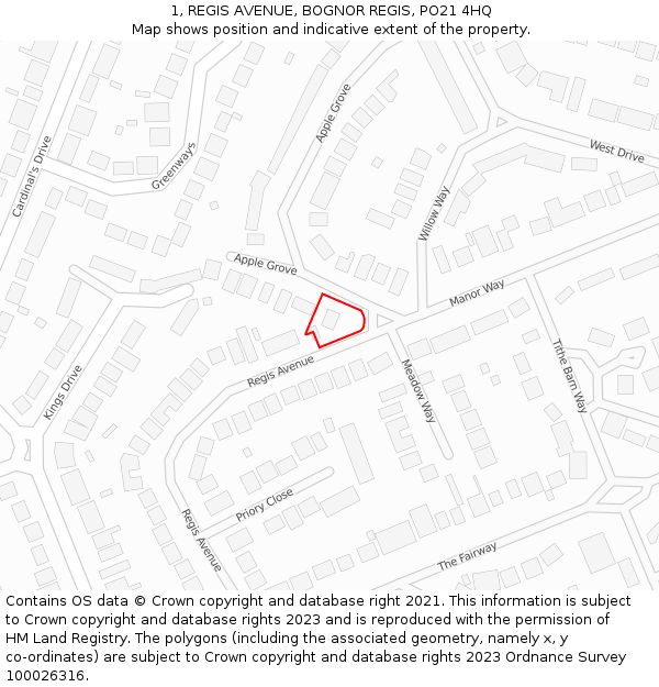 1, REGIS AVENUE, BOGNOR REGIS, PO21 4HQ: Location map and indicative extent of plot