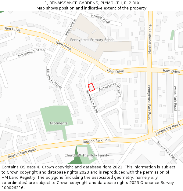 1, RENAISSANCE GARDENS, PLYMOUTH, PL2 3LX: Location map and indicative extent of plot