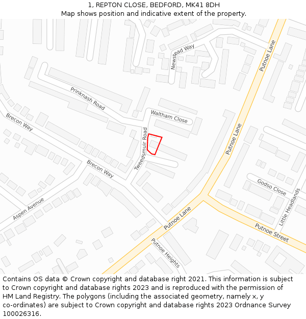 1, REPTON CLOSE, BEDFORD, MK41 8DH: Location map and indicative extent of plot