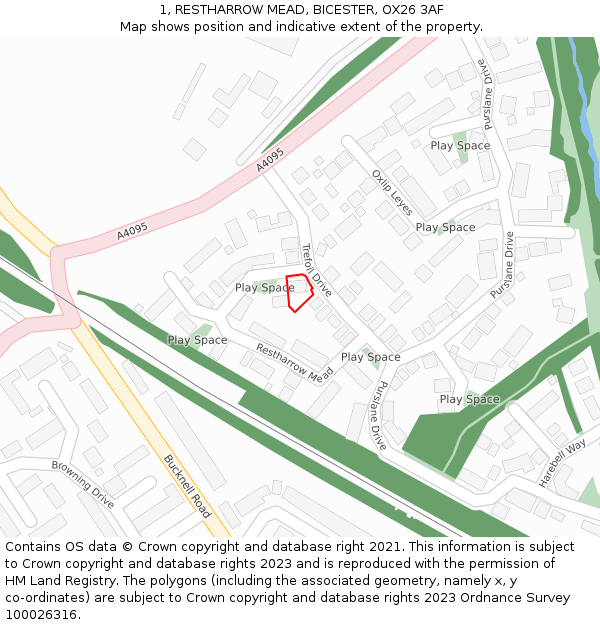 1, RESTHARROW MEAD, BICESTER, OX26 3AF: Location map and indicative extent of plot