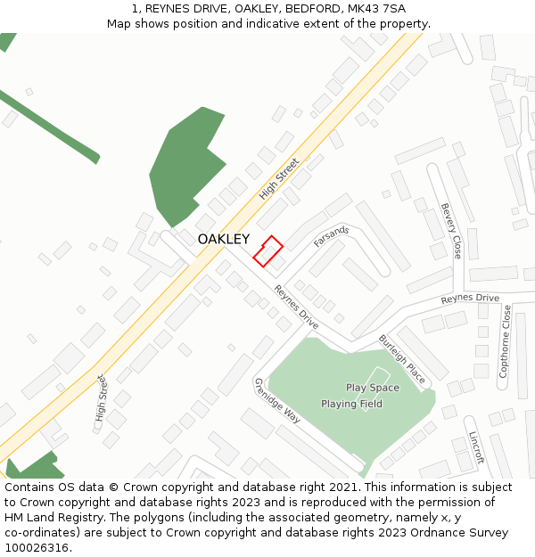 1, REYNES DRIVE, OAKLEY, BEDFORD, MK43 7SA: Location map and indicative extent of plot