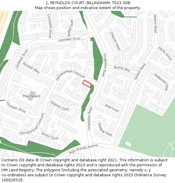 1, REYNOLDS COURT, BILLINGHAM, TS23 3GB: Location map and indicative extent of plot