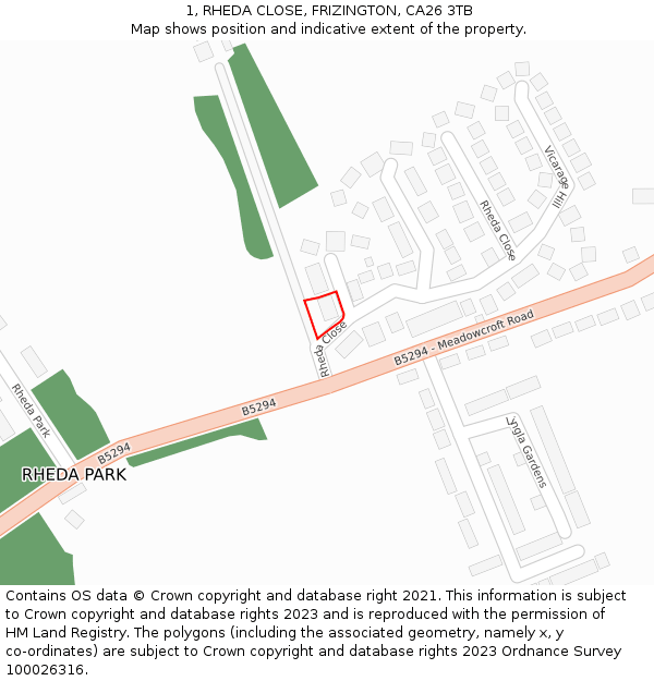 1, RHEDA CLOSE, FRIZINGTON, CA26 3TB: Location map and indicative extent of plot