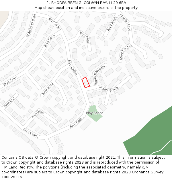 1, RHODFA BRENIG, COLWYN BAY, LL29 6EA: Location map and indicative extent of plot