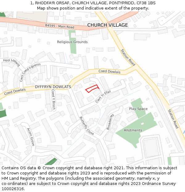 1, RHODFA'R ORSAF, CHURCH VILLAGE, PONTYPRIDD, CF38 1BS: Location map and indicative extent of plot