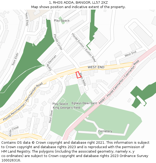 1, RHOS ADDA, BANGOR, LL57 2XZ: Location map and indicative extent of plot